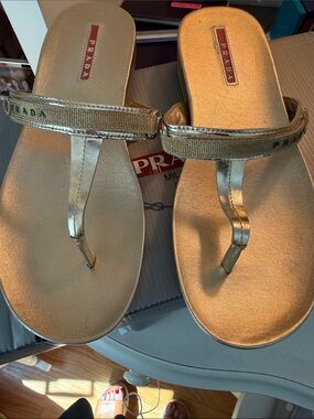 Prada Metallic Gold Leather Thong Sandals